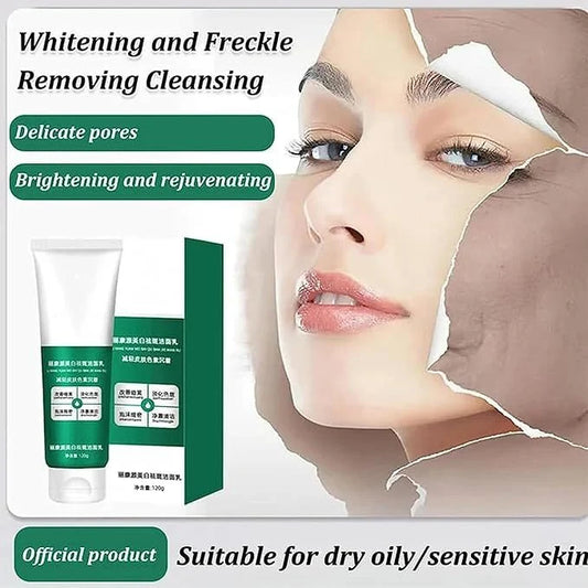 Product packaging for whitening and freckle removing cleansing with a woman's face showing before and after effects.