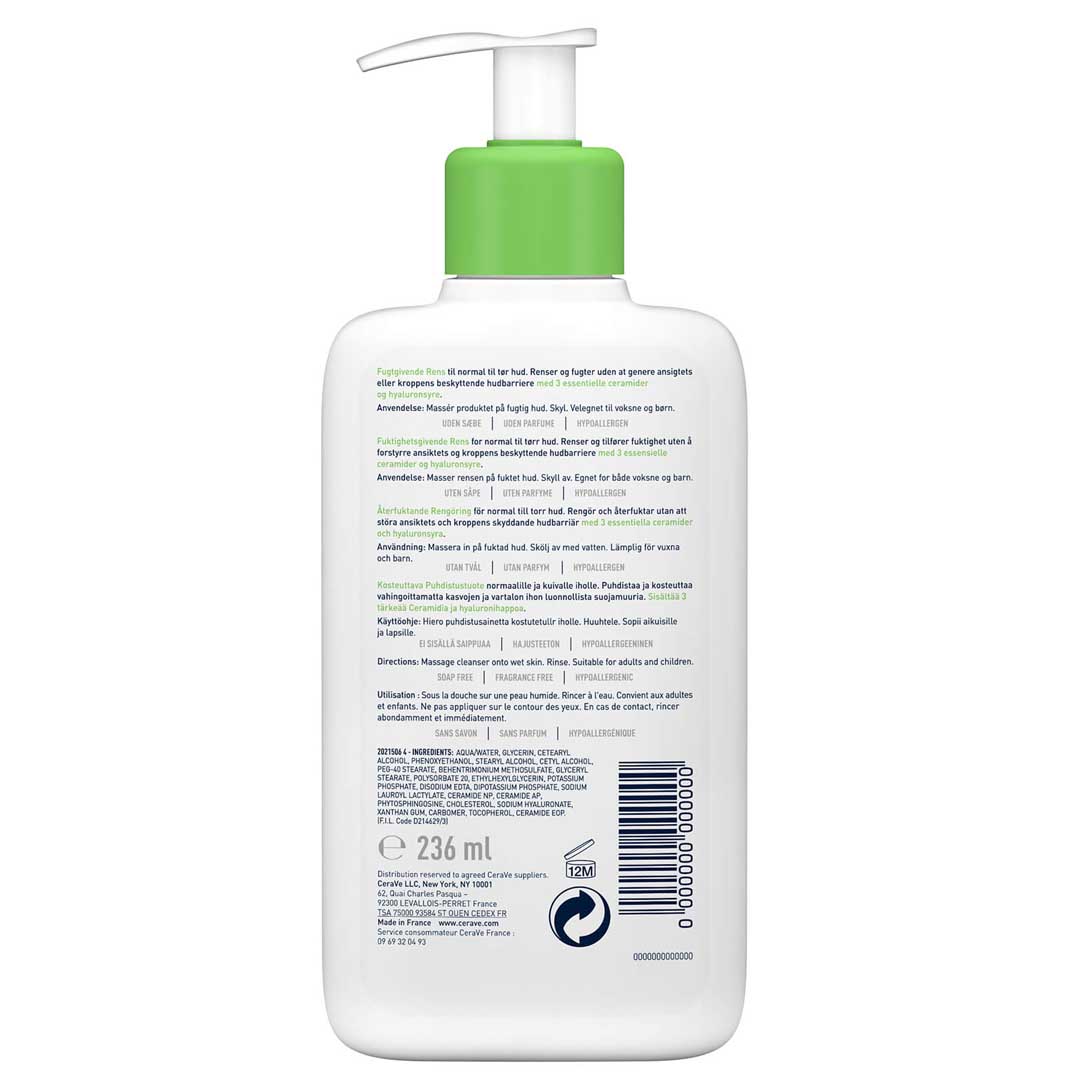 Soothe and nourish dry, sensitive skin with CeraVe Hydrating Cleanser, formulated with three essential ceramides. This gentle, non-foaming cleanser effectively removes dirt, oil, and impurities without stripping your skin of moisture, making it ideal for both face and body use.

Enriched with Hyaluronic Acid, it helps to restore the skin’s natural barrier, delivering long-lasting hydration while calming irritation and eczema-prone skin. The time-release technology keeps your skin feeling soft, smooth, and r